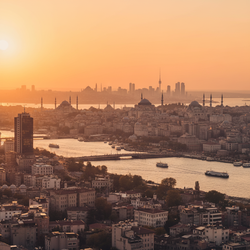 İstanbul şehir manzarası Boğaz görünümü gün batımı
