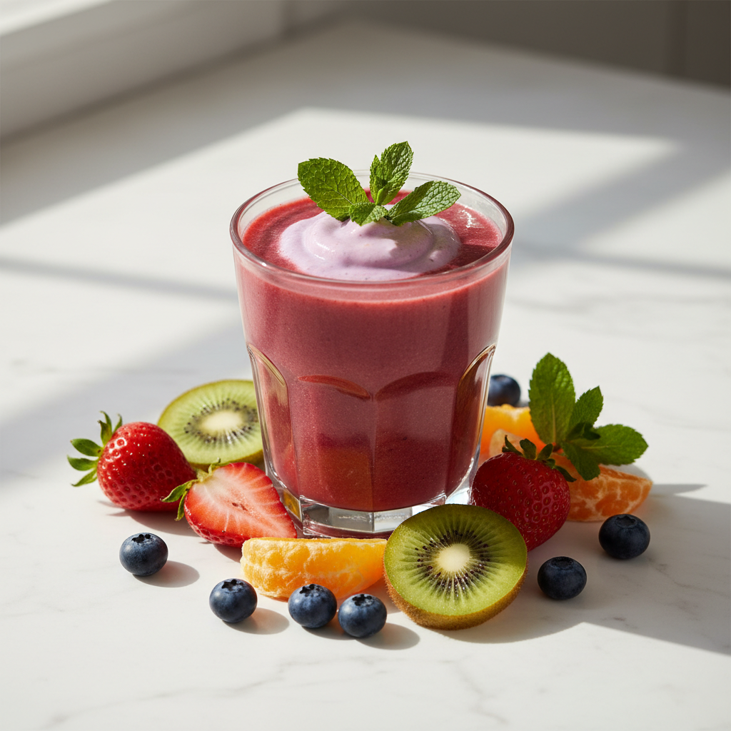 Taze meyveli smoothie bardakta çevresi meyve dilimleri